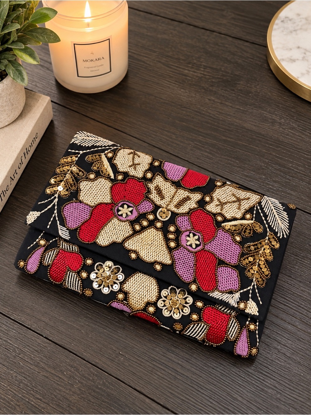 NEW * Embellished Floral Beaded Clutch - Black with Red, Pink & Gold Accents